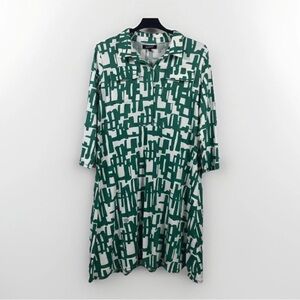 GLAMOUR Geometric Mod Print Shirt Dress - Green/White - Size 16 MCM Retro Style
